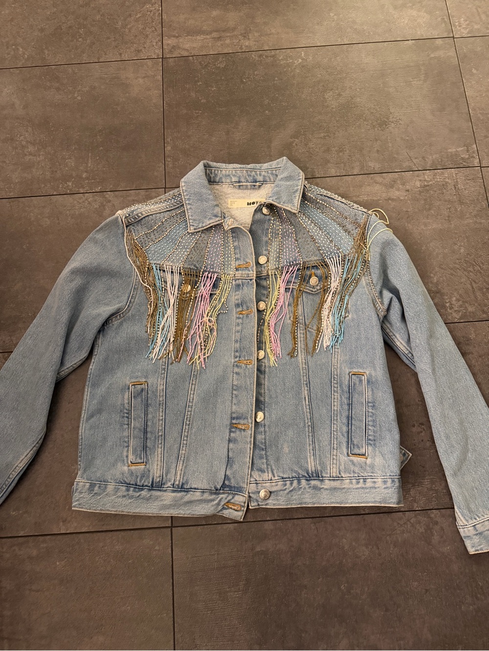 Topshop Light Wash Denim Jacket with Multicolor Beaded Fringe